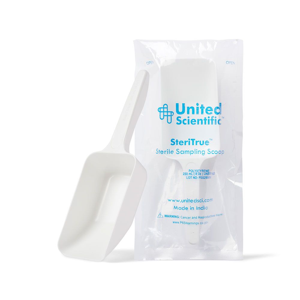 United Scientific™ SteriTrue™ Sterile Sampling Scoops, Metal Detectable Polystyrene, 250 ML (8 Oz), Pack Of 100